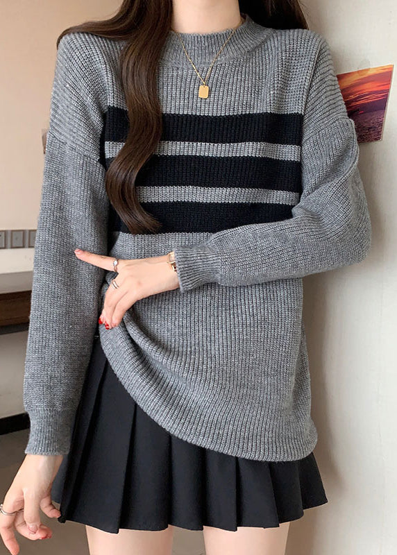 French Grey Oversized Striped Knit Tops Fall