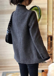 French Grey Peter Pan Collar Pockets Cotton Coat Long Sleeve