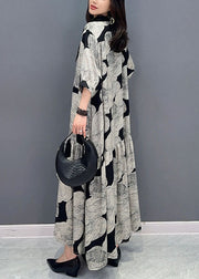 French Grey Peter Pan Collar Wrinkled Print Patchwork Long Chiffon Dress Summer