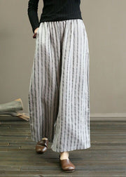 French Grey Pockets Striped Linen Straight Pants Summer