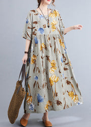 French Grey Print Wrinkled Long Dress Short Sleeve