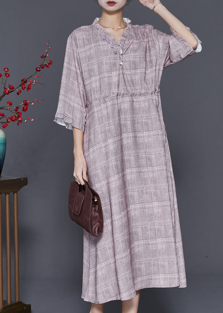 French Grey Ruffled Plaid Drawstring Cotton Long Dress Summer