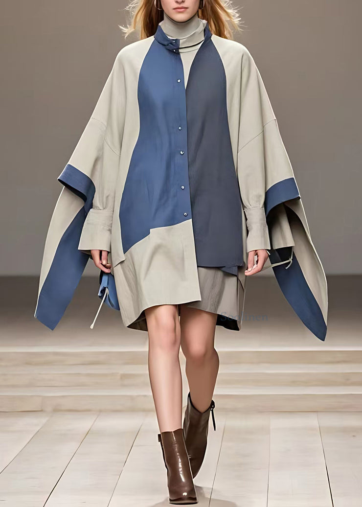 French Grey Stand Collar Asymmetrical Patchwork Coat Long Sleeve