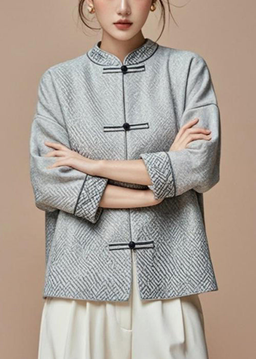 French Grey Stand Collar Button Cotton Fall Coat