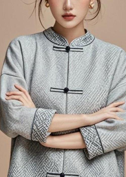 French Grey Stand Collar Button Cotton Fall Coat