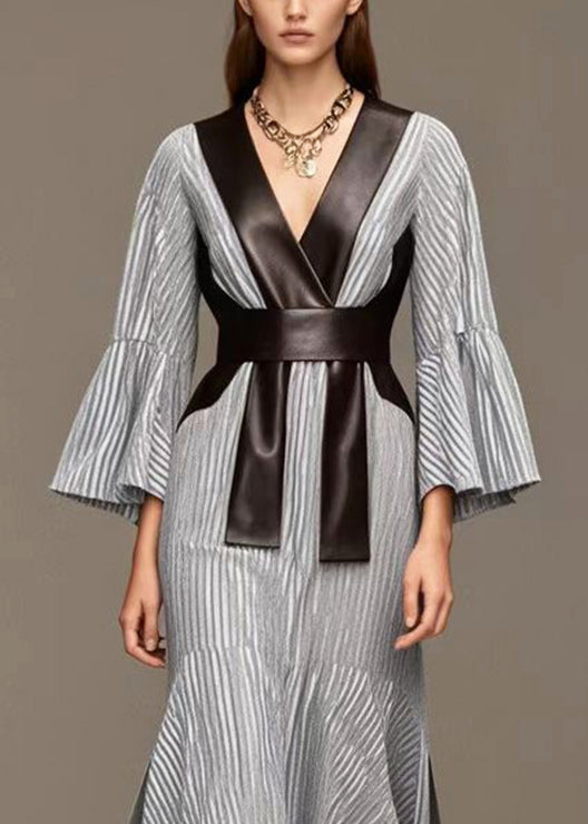 French Grey Striped Patchwork Faux Leather Side Open Full Dresses Fall