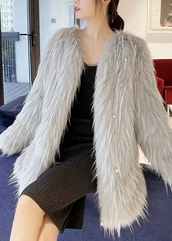 French Grey Tassel Thick Mink Hair Coats Long Sleeve