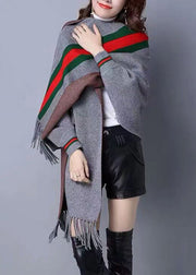 French Grey Tasseled Striped Patchwork Woolen Cardigans Fall