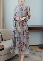 French Grey V Neck Embroideried Wrinkled Tulle Party Maxi Dress Fall