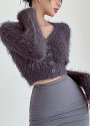 French Grey V Neck Mink Hair Knitted Short Coat Fall