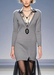 French Grey V Neck Patchwork Tulle Knitwear Dress Winter