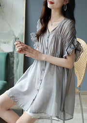 French Grey V Neck Ruffles Wrinkled Silk Blouse Tops Short Sleeve