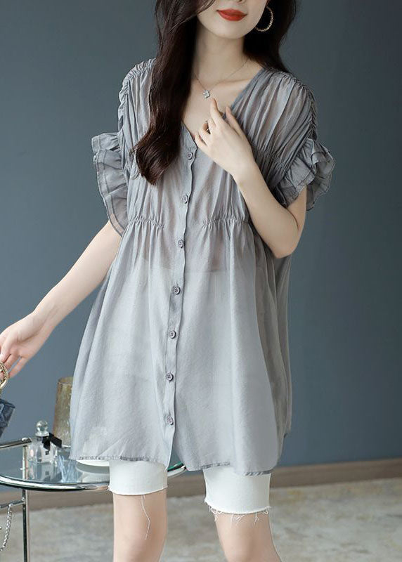 French Grey V Neck Ruffles Wrinkled Silk Blouse Tops Short Sleeve