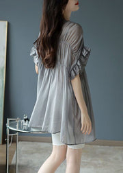 French Grey V Neck Ruffles Wrinkled Silk Blouse Tops Short Sleeve