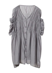 French Grey V Neck Ruffles Wrinkled Silk Blouse Tops Short Sleeve