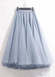 French Haze Blue Elastic Waist Tulle Pleated Skirt Summer