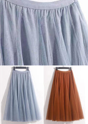 French Haze Blue Elastic Waist Tulle Pleated Skirt Summer