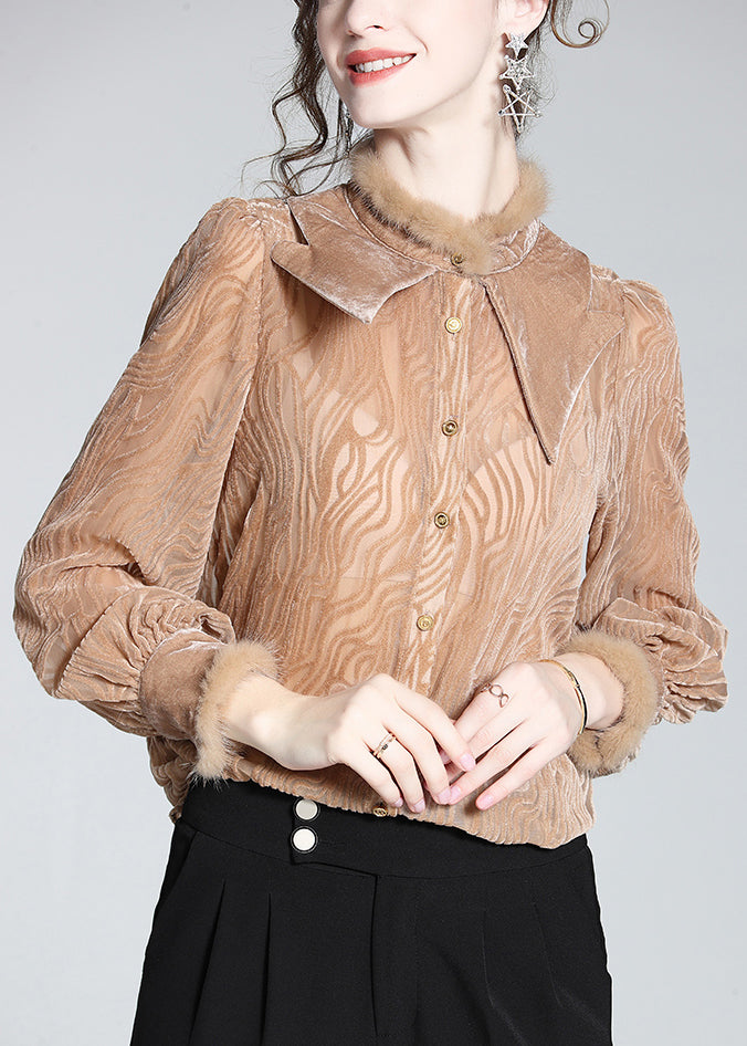 French Khaki Fur Collar Button Patchwork Silk Velour Shirt Winter