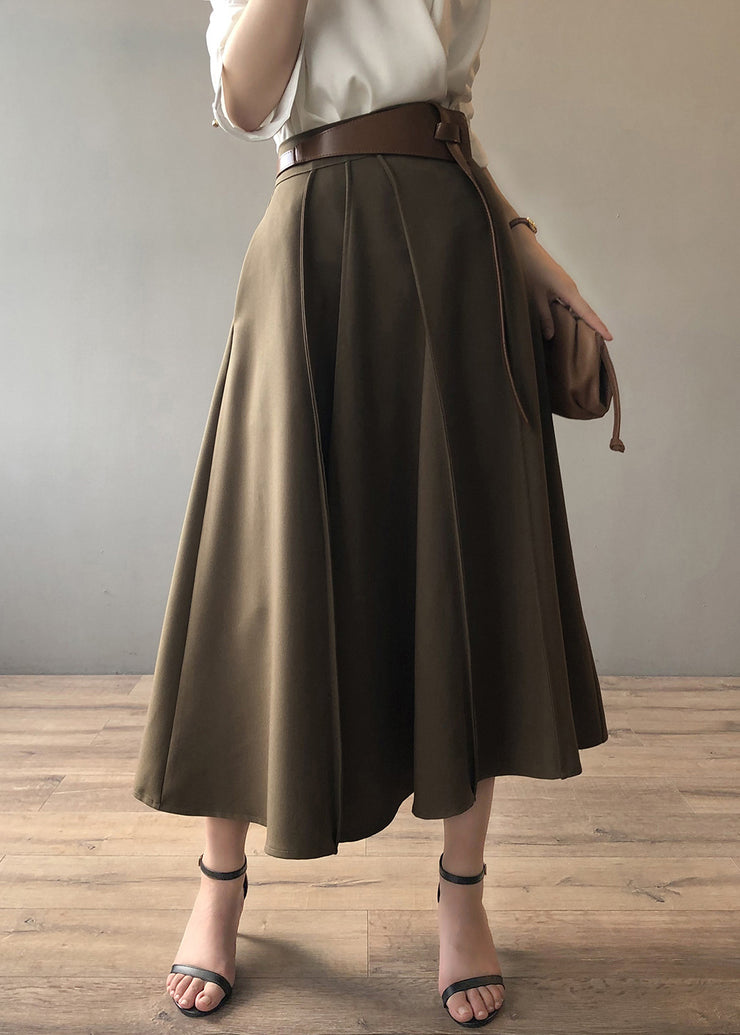 French Khaki High Waist Wrinkled Exra Large Hem Skirts Autumn