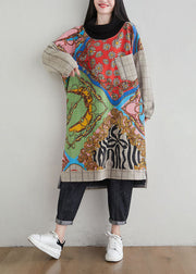 French Khaki Hign Neck Asymmetrical Design Print Warm Fleece Dresses Spring