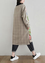 French Khaki Hign Neck Asymmetrical Design Print Warm Fleece Dresses Spring