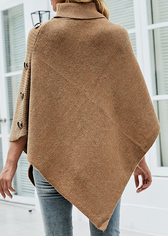 French Khaki Hign Neck Asymmetrical Knit Cape Fall