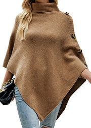 French Khaki Hign Neck Asymmetrical Knit Cape Fall