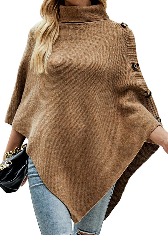 French Khaki Hign Neck Asymmetrical Knit Cape Fall