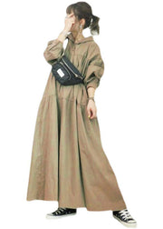 French Khaki Hooded Oversized Wrinkled Cotton Long Dresses Spring