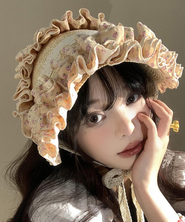 French Khaki Lace Ruffled Patchwork Straw Woven Hat