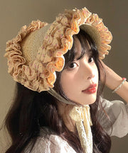 French Khaki Lace Ruffled Patchwork Straw Woven Hat