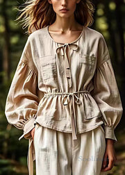 French Khaki Lace Up Solid Cotton Blouse Long Sleeve