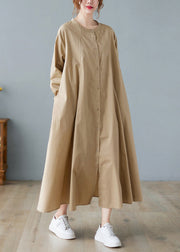 French Khaki O Neck Button Long Cotton Shirts Dresses Spring