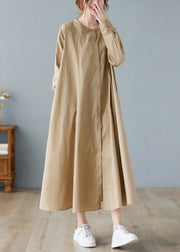 French Khaki O Neck Button Long Cotton Shirts Dresses Spring