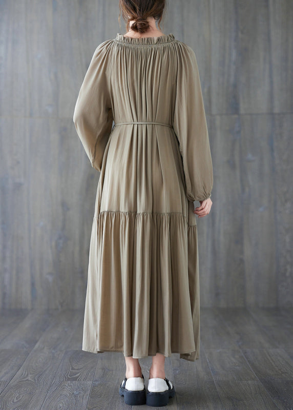 French Khaki O-Neck Patchwork Wrinkled Long Dresses Long Sleeve