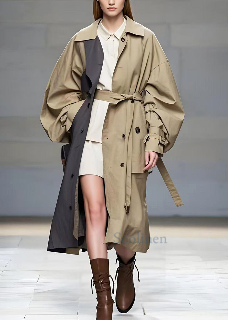 French Khaki Oversized Patchwork Cotton Trench Coat Spring