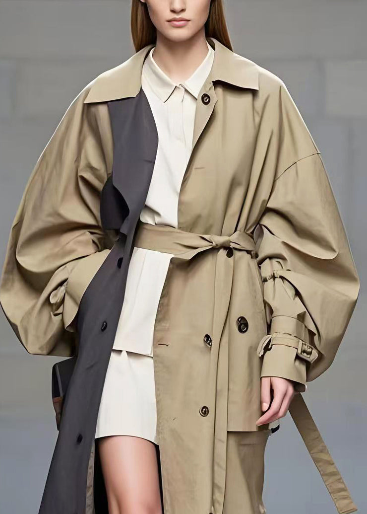 French Khaki Oversized Patchwork Cotton Trench Coat Spring