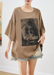 French Khaki Oversized Print Chiffon Tank Tops Summer