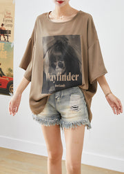 French Khaki Oversized Print Chiffon Tank Tops Summer