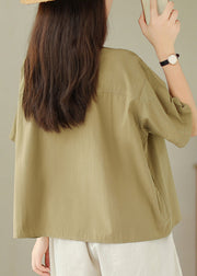 French Khaki Peter Pan Collar Button Cotton Blouses Summer