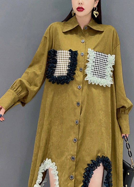 French Khaki Peter Pan Collar Patchwork Button Long Shirts Dress Spring