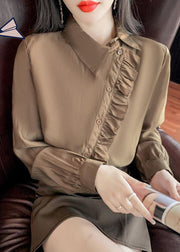 French Khaki Peter Pan Collar Ruffled Button Chiffon Shirt Spring