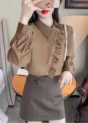 French Khaki Peter Pan Collar Ruffled Button Chiffon Shirt Spring