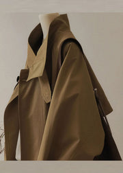 French Khaki Peter Pan Collar Zippered Patchwork Trench Coats Long Sleeve