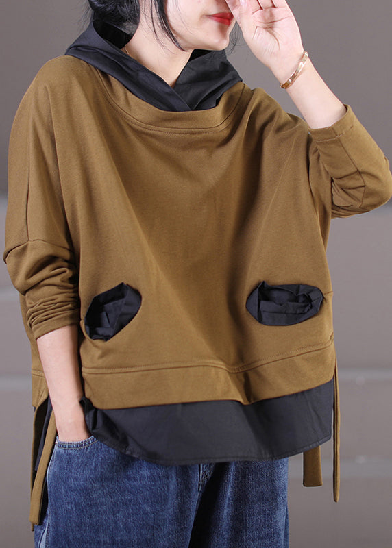 French Khaki Pockets Patchwork Tie Waist Low High Design Hooded Sweatshirt Long Sleeve