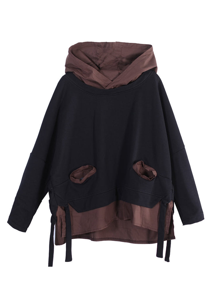 French Khaki Pockets Patchwork Tie Waist Low High Design Hooded Sweatshirt Long Sleeve