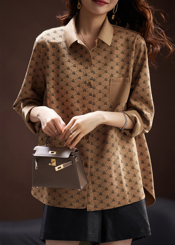 French Khaki Print Button Cotton Shirts Long Sleeve