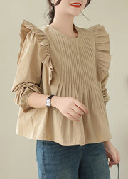 French Khaki Ruffled Patchwork Cotton Shirt Long Sleeve