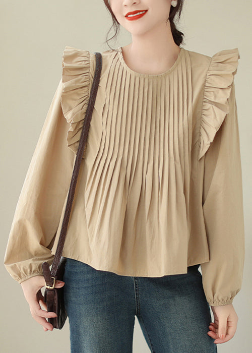 French Khaki Ruffled Patchwork Cotton Shirt Long Sleeve