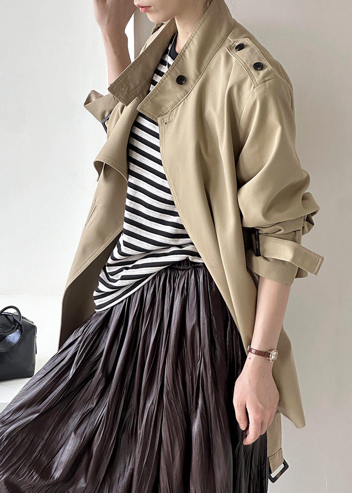 French Khaki Stand Collar Button Cotton Coats Fall